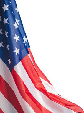 Amerikan bayrağının yakın çekimi sol tarafta beyaz bir arka planda metin için fotokopi alanı var. 4 Temmuz. Amerikan Ulusal Günü 'nü kutlayın. İşçi Bayramı. Bağımsızlık Günü. Anma Günü