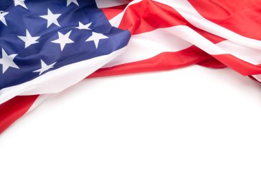 Beyaz arka planda Amerikan bayrağının üst görüntüsü. Mesaj için yer var. Yakın plan fotoğraf.