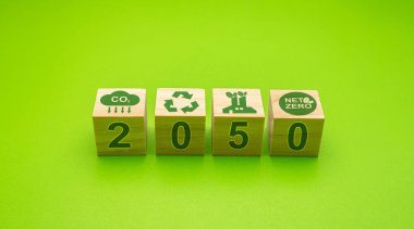 Açık yeşil arkaplan üzerinde çevre dostu ikonlar olan ahşap küpler. 2050 'de ağ-sıfır emisyonları. Dünyayı ve çevreyi kurtarın ve karbon nötr olun. Dünya Günü konsepti