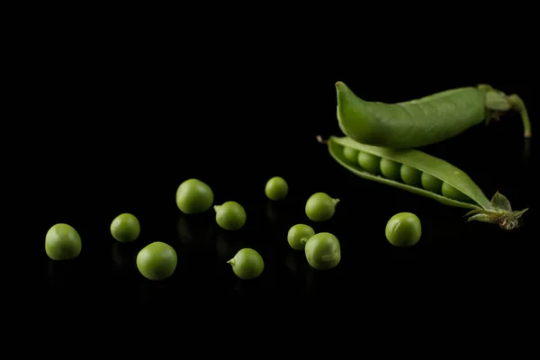Pea pods on a black background, green peas in a pod on a dark background