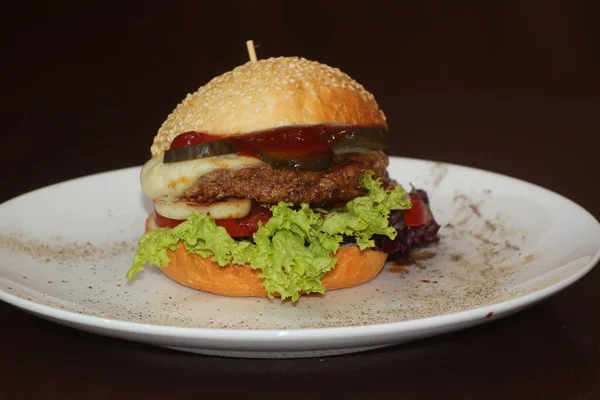 Hamburger Savoureux Magnifique Sur Une Assiette Blanche — Photo