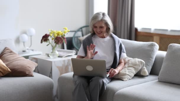 一位老年妇女坐在舒适的沙发上 通过笔记本电脑的视频链接进行交流 — 图库视频影像