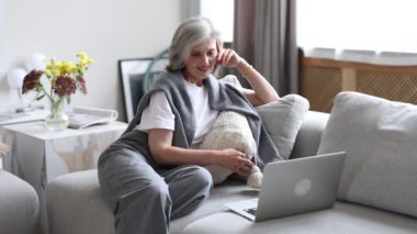 Bir kadın psikolog sıcak bir atmosferde evdeki bir dizüstü bilgisayarla uzaktan bir webinar yönetiyor. Video iletişimi yoluyla psikolojik uzak oturum kavramı.