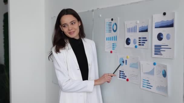 Μια Νεαρή Επιχειρηματίας Δείχνει Διαγράμματα Ένα Διάγραμμα Υπόλοιποι Υπάλληλοι Της — Αρχείο Βίντεο
