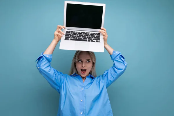 Photo Shocked Surprised Cute Blond Girl Open Laptop Blank Space Stock Photo