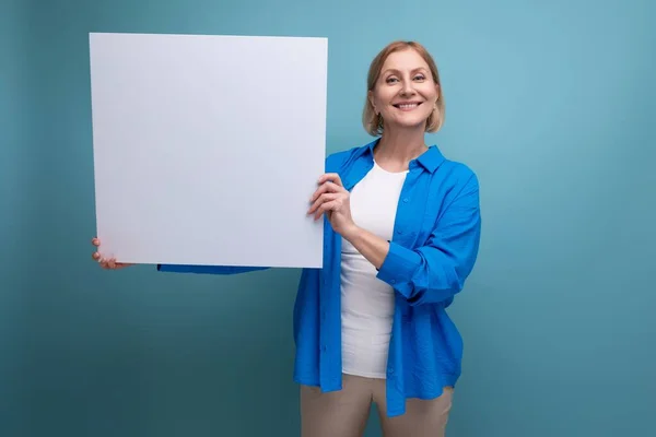 Middle Age Business Concept Mature Woman Blank Paper Blue Background Stock Image