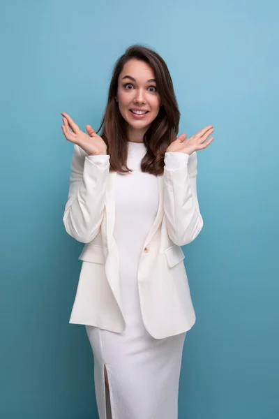 stock image happy incendiary brunette young woman in white dress won the beauty contest.