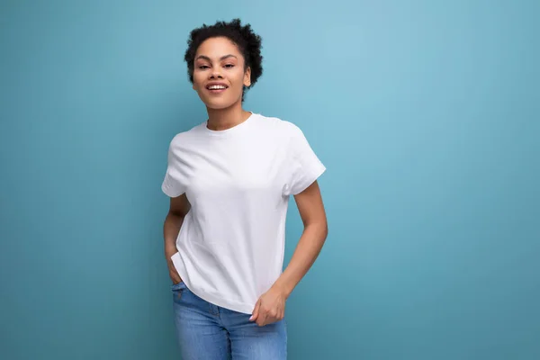 young brunette latin woman in white t-shirt with print mockup.