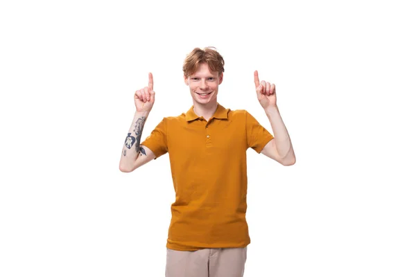 Young Charming Red Haired Man Dressed Yellow Shirt Wants Tell — Stock Photo, Image