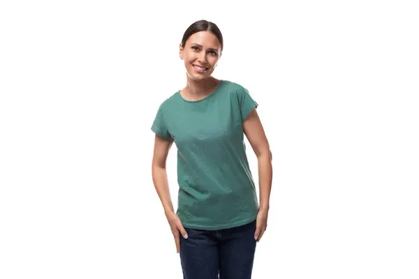 Young Slender European Woman Ponytail Hairstyle Dressed Green Shirt Smiling — Stock Photo, Image