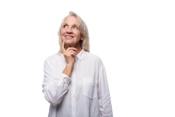 Year Old Kind European Mature Woman Wearing Shirt White Background Stock Image