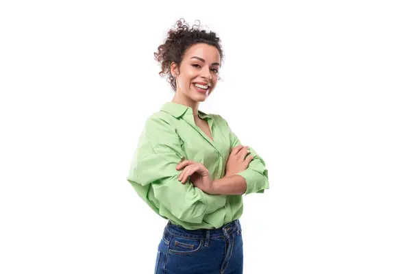 Young Positive Brunette Businesswoman Curly Hair Tied Ponytail Light Green Royalty Free Stock Images