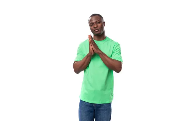 Young Smart African Man Dressed Green Shirt Jeans Actively Gesturing — Stock Photo, Image