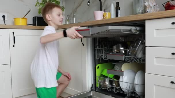 Маленького Мальчика Видели Стоящим Перед Бегущей Посудомойкой Кухне Выглядит Любопытным — стоковое видео