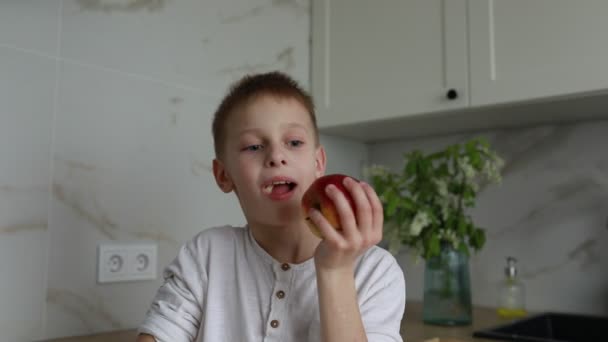 若い男の子がリンゴを顔に抱きつける様子が描かれている 彼は果実を綿密に調べ その色と質感を見ています 少年好奇心の表現は リンゴへの興味を伝える おそらく準備 — ストック動画
