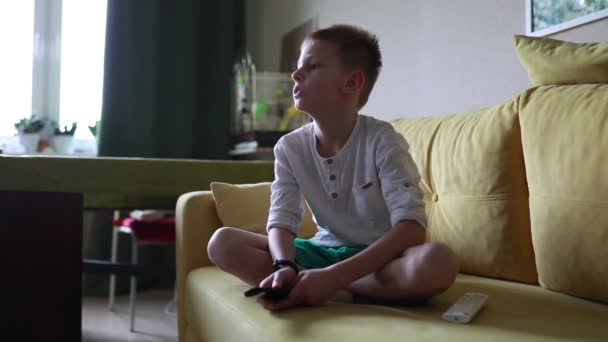 Ein Kleiner Junge Spielt Ein Videospiel Während Gemütlich Auf Einer — Stockvideo