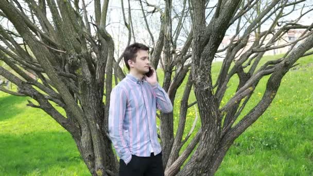 Man Seen Standing Next Tree Engaged Phone Conversation Appears Focused — Stock Video
