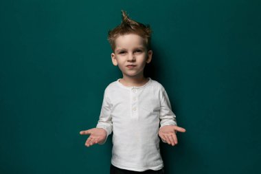 Genç bir çocuk canlı yeşil bir duvarın önünde dimdik ileriye bakarken resmediliyor. Gözlerinde masumiyet ve şaşkınlık hissi ile, meraklı ve meşgul görünüyor..