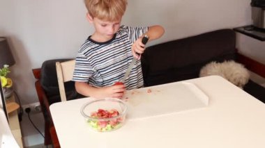 Genç beyaz bir çocuk mutfakta taze bir sebze salatası hazırlıyor. Domatesleri ustaca doğruyor ve renkli sebzelerle karıştırıyor. Yemek pişirme yeteneklerini sergiliyor..