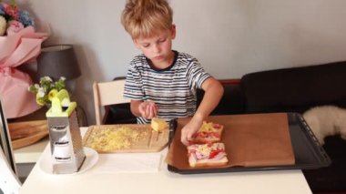 Genç bir çocuk sıcak bir mutfakta neşe içinde atıştırmalıklar hazırlıyor. Peynir rendeliyor ve eserlerine özenle malzemeler ekliyor. Çevre aydınlık ve davetkar, yemek pişirme deneyimini...