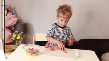 Genç bir çocuk sıcak bir aile mutfağında taze domates ve sebze doğruyor. Renkli malzemelerle çevrelenmiş bir şekilde yemek pişirme yeteneğini gösteriyor.
