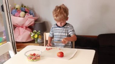 Genç bir çocuk sıcak bir ev mutfağında yemek pişirmekle meşgul. O, bir kasede çeşitli renkli sebzelerle çevriliyken bir kesme tahtasında bir elma kesiyor. Atmosfer sıcak ve...