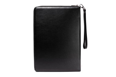 A sleek black leather portfolio organizer featuring a zip closure and a convenient wrist strap. Ideal for holding documents, business cards, and essentials while on the go. clipart