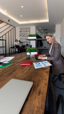 Çağdaş bir ofis ortamında, bir kadın dizüstü bilgisayarda çalışır, çizelgeleri analiz eder. Diğer bir meslektaşım ise yakınlardaki görevlere odaklanmış durumda. Çevre işbirliği ve yaratıcılığı teşvik ediyor.