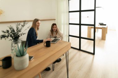 İki kadın, bir ahşap masada, güneş ışığıyla aydınlanmış bir ofis alanında dizüstü bilgisayarla iş birliği yapıyorlar. Modern, havadar bir ortamda gülümsemeleri ve fikirleri paylaşıyorlar..
