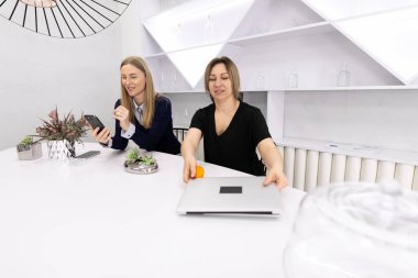 İki kadın şık bir ofiste birlikte çalışıyor. Biri dizüstü bilgisayarda yazarken diğeri şık dekorlar ve bitkilerle çevrili akıllı bir telefonla mesajlaşıyor..