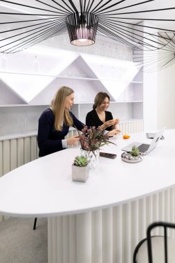 İki kadın şık bir ofiste, gösterişli beyaz bir masada oturur, aperatifleri paylaşır ve çağdaş bir atmosferde dizüstü bilgisayar üzerinde çalışırken canlı sohbetler yaparlar..
