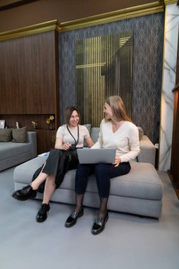 İki kadın modern gri bir koltukta oturmuş dizüstü bilgisayarda çalışırken fikirleri tartışıyorlar. Doğal ışık odaya giriyor ve işbirliği için üretken bir atmosfer yaratıyor..