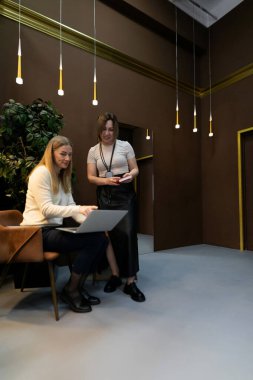 İki kadın, yumuşak ışıklandırma ve kahverengi duvarların yer aldığı çağdaş bir ofis ortamında iş tartışmasına girişiyor. Biri dizüstü bilgisayarda çalışırken diğerinin elinde telefon var ve takım çalışması sergiliyor..