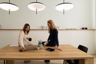 İki kadın üretken bir tartışmaya girişiyor, biri masada oturuyor ve diğeri de şık ve iyi ışıklandırılmış bir mekanda dizüstü bilgisayarın üzerine eğiliyor..