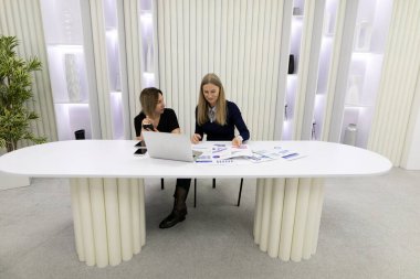 İki kadın gösterişli beyaz bir masada tartışır, tarafsız dekorlu çağdaş bir ofis ortamında dizüstü bilgisayardaki grafik ve belgeleri analiz ederler..