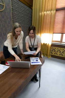 İki profesyonel şık bir masada dizüstü bilgisayar üzerinde işbirliği yapıyorlar, belgeleri gözden geçiriyorlar ve çağdaş dekorlarla iyi aydınlatılmış bir ofis ortamında fikirleri paylaşıyorlar..