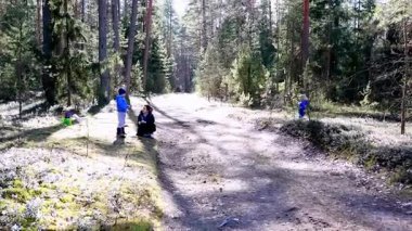 Bir aile, çocukların oynadığı ve doğal çevreyi keşfettiği güneşli bir günü ormanda geçirir. Çocuklar birlikte eğlenirken uzun ağaçlar güzel bir zemin sağlar..