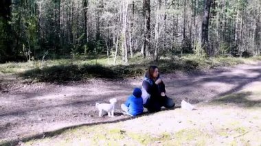 Huzurlu bir ormanda, iki küçük köpek yakınlarda keşfederken bir kadın bir çocukla oturur. Güneş ağaçların arasından süzülerek, açık hava aktiviteleri için sıcak ve davetkar bir atmosfer yaratır..