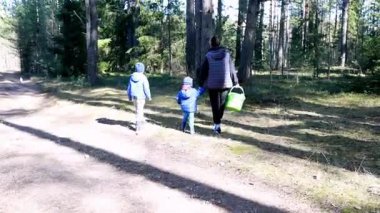 İki çocuk ve bir yetişkin, uzun ağaçların altında orman yolunda yürürler ve mantar ararken ellerinde bir sepet tutarlar. Güneş yaprakların arasından süzülerek sakin bir atmosfer yaratır..