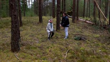 İki birey bir orman açıklığında, dal ve dal toplamak için birlikte çalışıyorlar. Çevrelerindeki ağaçlar zengin sonbahar renkleri ve dingin bir ortam sergiliyor..