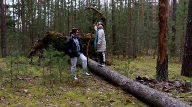 İki çocuk sessiz bir ormanda uzun ağaçlar ve yemyeşil ağaçlarla çevrili bir kütüğün üzerinde durarak doğanın tadını çıkarıyorlar. Sükûnetin ortasında eğlenceli bir keşifte bulunuyorlar..