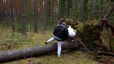 İki çocuk yemyeşil bir ormanda büyük bir ağacın üzerinden tırmanıyor. Yeşil yosunlar ve uzun ağaçlarla çevrili doğadaki maceralarının tadını çıkarıyorlar..