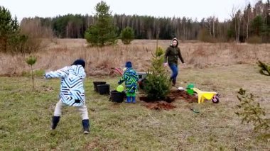Aile üyeleri, doğa ile çevrili yeşil bir alanda genç ağaçlar dikerek serin bir günde takım çalışması ve çevre yönetimini teşvik ederler..