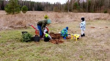 Bir aile çimen tarlasında ağaç dikmekle meşgul. Yetişkinler ve çocuklar birlikte çalışır, araçlar ve küçük sandalyeler kullanır, açık gökyüzünün altındaki açık hava aktivitesinin tadını çıkarırlar..