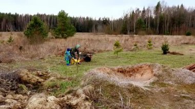 Huzurlu bir bölgede, bir birey küçük ağaçlar dikerek ve bahçe işleriyle meşgul olarak toprakla ilgilenir. Çevrede yemyeşil ve sakin bir atmosfer var..