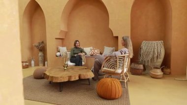 İki kadın, doğal dekorlarla dolu şık ve toprak bir odada rahatça oturuyorlar. Düşüncelerini ve kahkahalarını paylaştıkça ortam rahatlıyor, sıcak ve davetkar bir ortam yaratıyorlar..