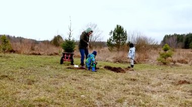Bir aile çimenli bir açıklıkta genç ağaçlar dikmeye başlar. Çocuklar çukur kazmaya ve alet taşımaya yardım ederken, serin hava birlikte çalıştıkça eğlenceli bir meydan okuma ekliyor..
