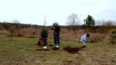 İki birey bulutlu bir günde kırsal bir yere genç ağaçlar dikmek için birlikte çalışırlar. Biri kürek kullanırken diğeri de yakındaki toprağı hazırlıyor..