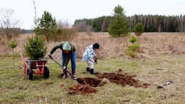 Bir kadın ve bir çocuk çimenli bir tarlaya genç bir ağaç dikiyorlar. Soğuk bir günde, ağaçlar ve açık arazilerle çevrili bir yerde açık hava aktivitesiyle meşguller..
