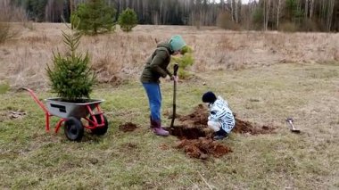 Bir kadın ve bir çocuk, doğa ile çevrili açık bir alana genç bir ağaç dikmek için birlikte çalışırlar. Güneşli bir gün ve çevresel farkındalığı desteklerken etkinliğin tadını çıkarıyorlar..